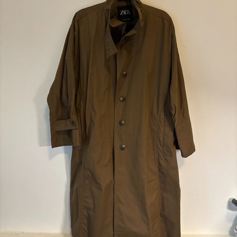 ZARA Oversized Khaki Trench Coat – Funnel Neck Minimalist Utility Style
